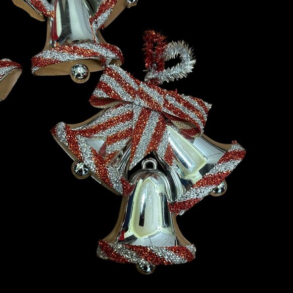 Vintage 1970s Silver Plastic Tinsel Bell Hanging Ornament Plaque Set of 3 - Picture 3 of 4